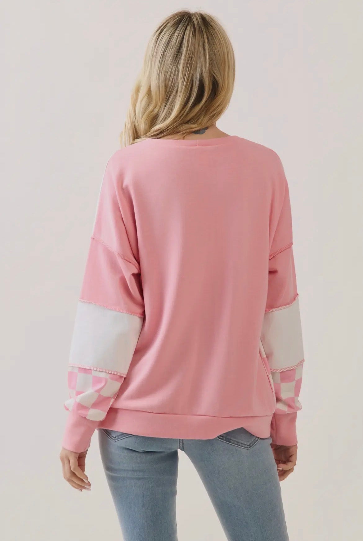 X-LARGE Pink Checkered Color Block Long Sleeve Top