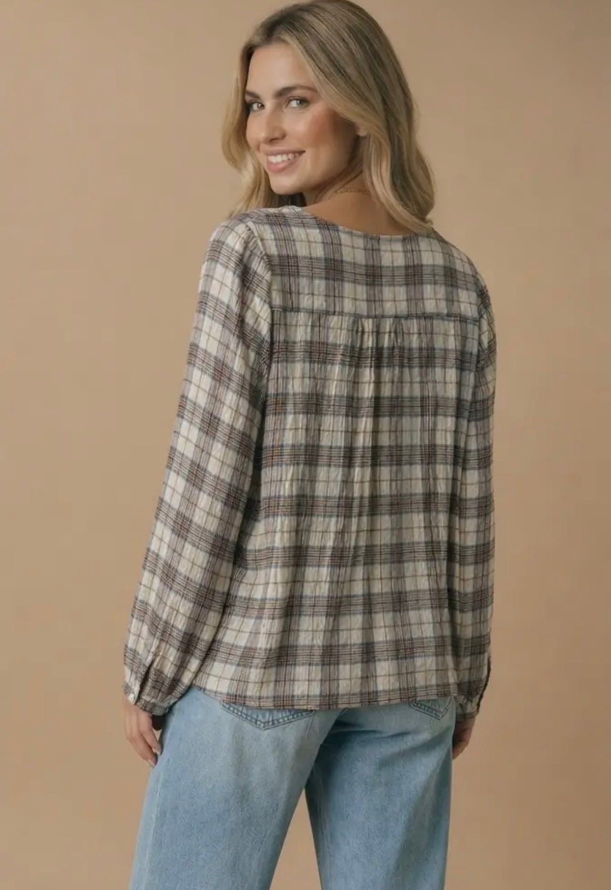 Oatmeal + Taupe Crinkle Plaid Button Blouse