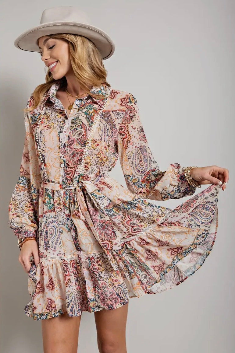 Pretty Paisley Long Sleeve Button Down Shirt Dress