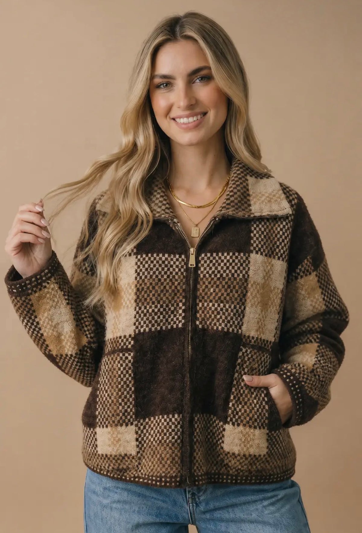 Brown Plaid Zip Front Jacket