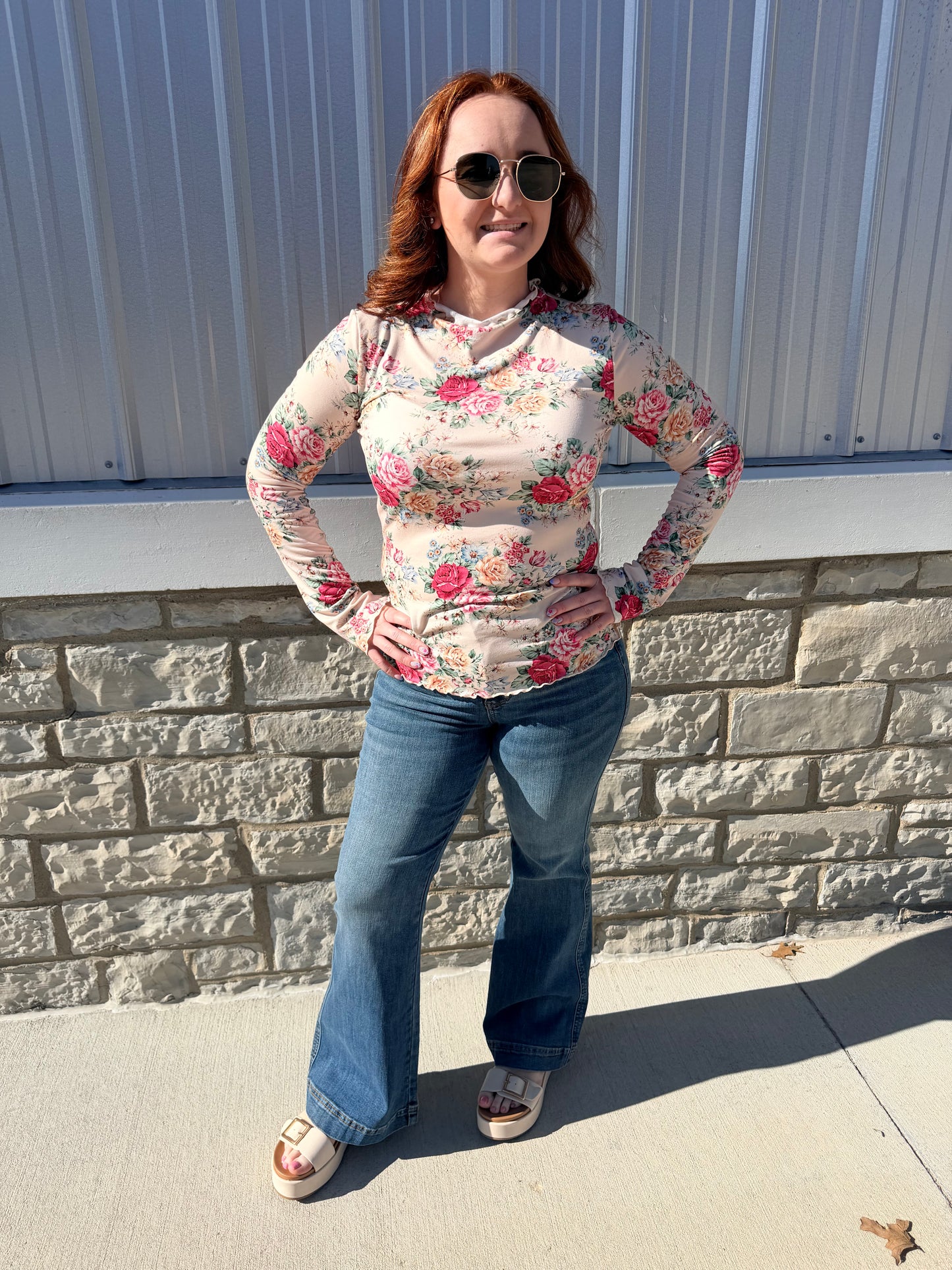 Oatmeal Floral Mock Neck Long Sleeve Top