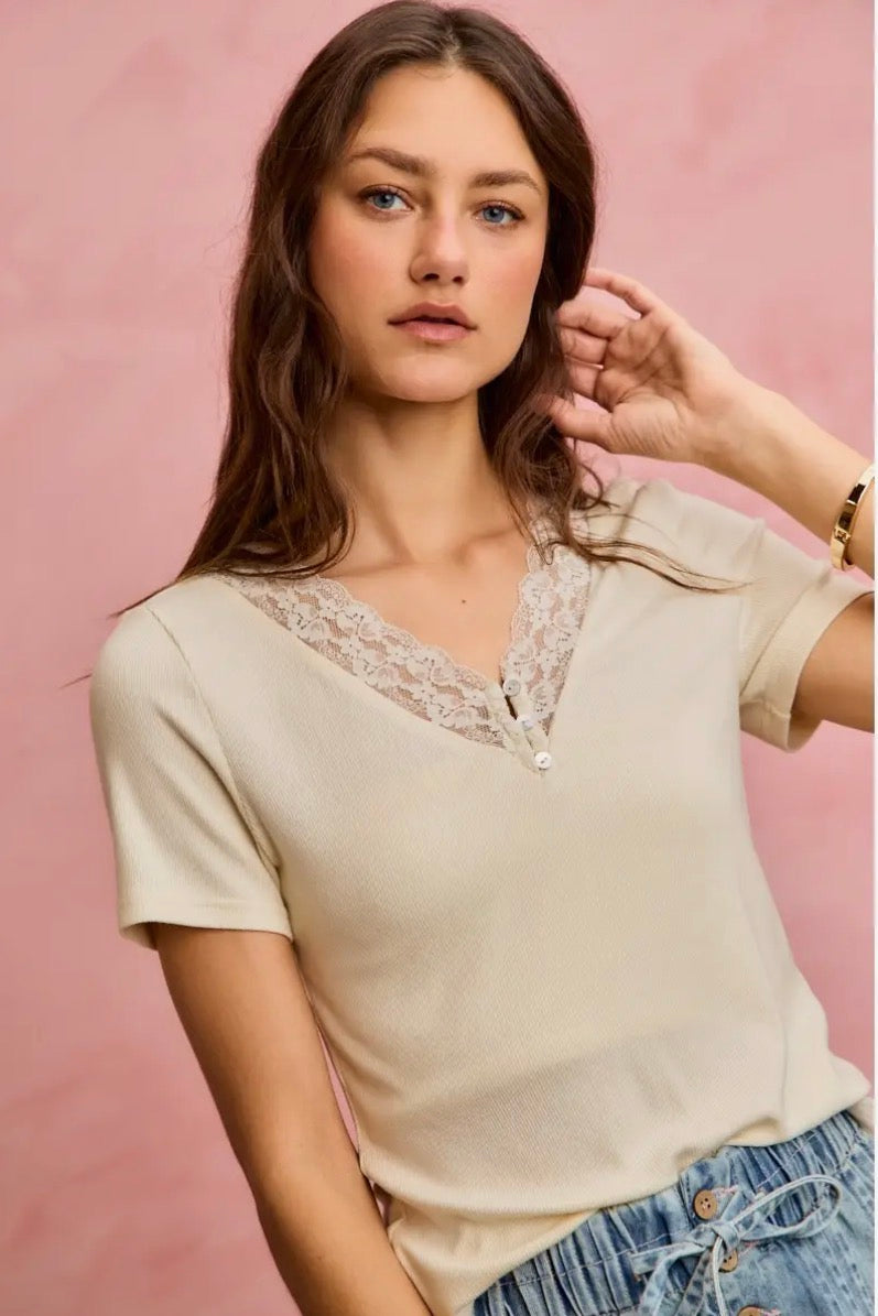 Cream Lace Detail Ribbed Top