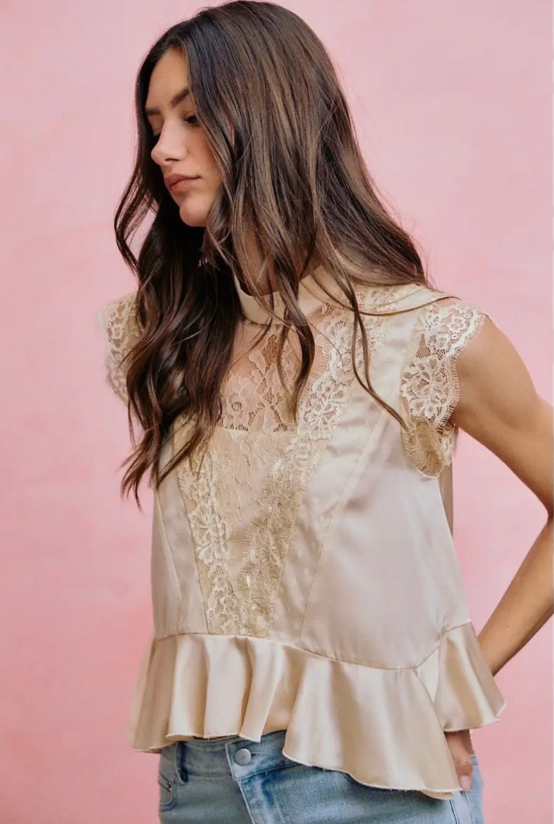 Champagne Satin Lace Peplum Top