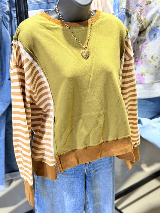 Olive & Camel Contrast Stripe Pullover