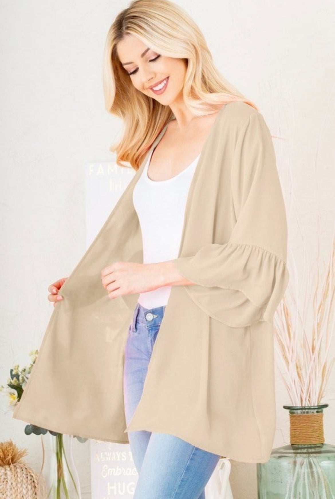 Beige Ruffle Sleeve Kimono