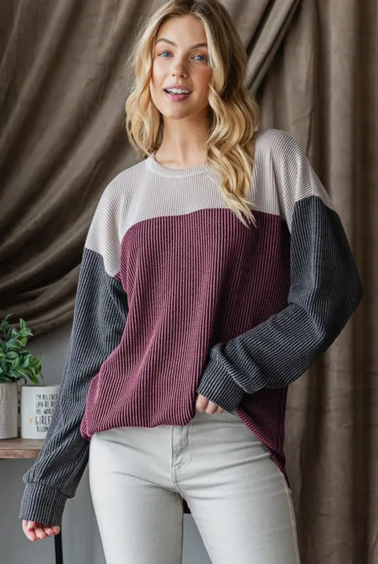 Burgundy + Charcoal Ribbed Colorblock Long Sleeve Top