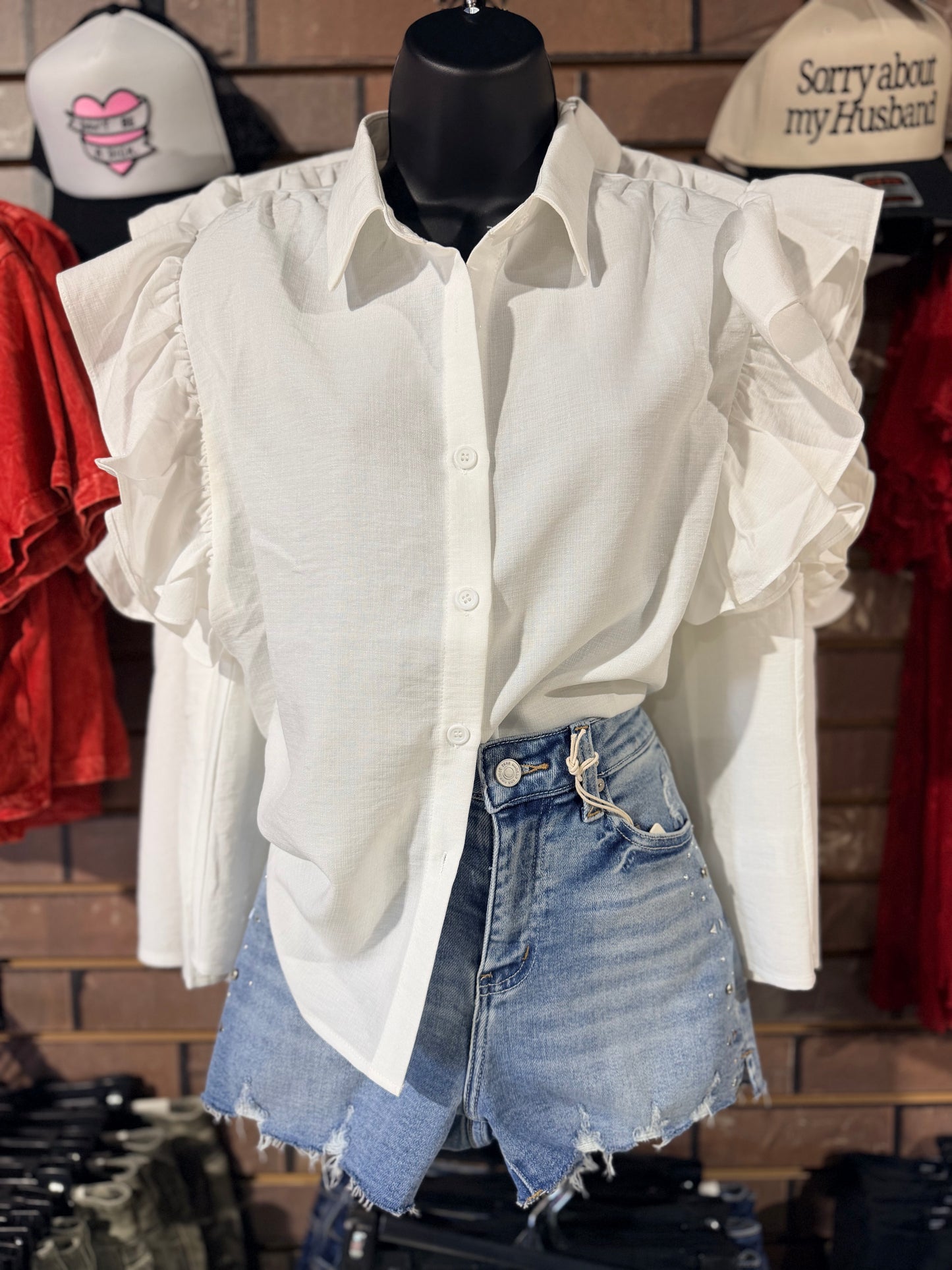 White Ruffle Sleeve Button Down Top