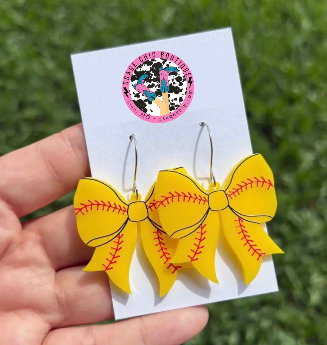 Softball Bow Dangle Earrings