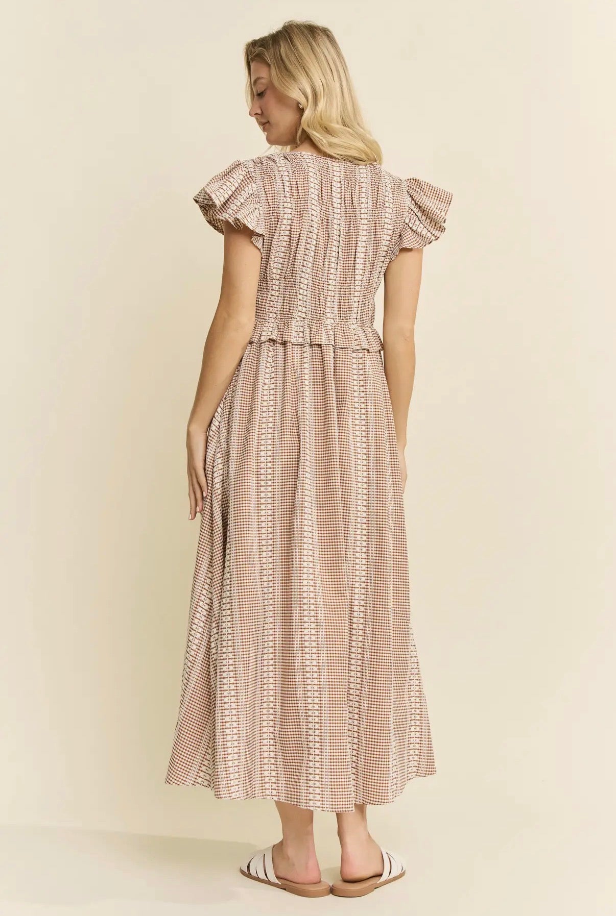 The Mocha Ribbon & Ruffle Midi Dress