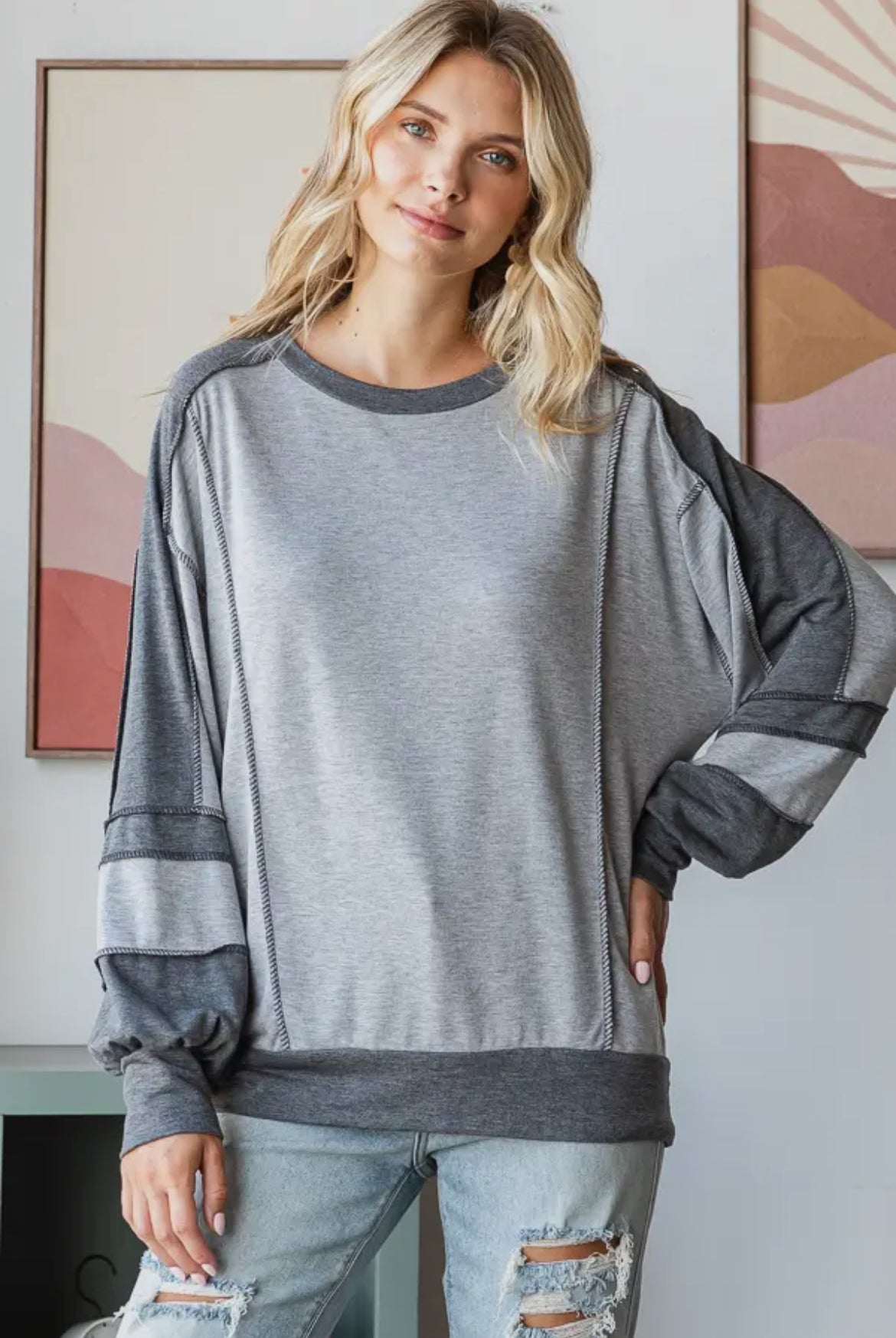 Grey + Plaid Colorblock Long Sleeve Top