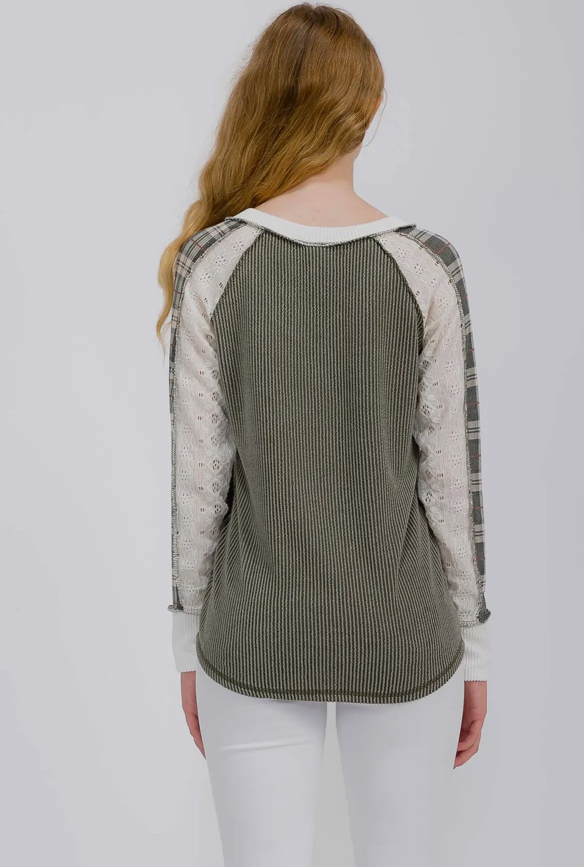Olive + Plaid Ribbed Colorblock Long Sleeve Top