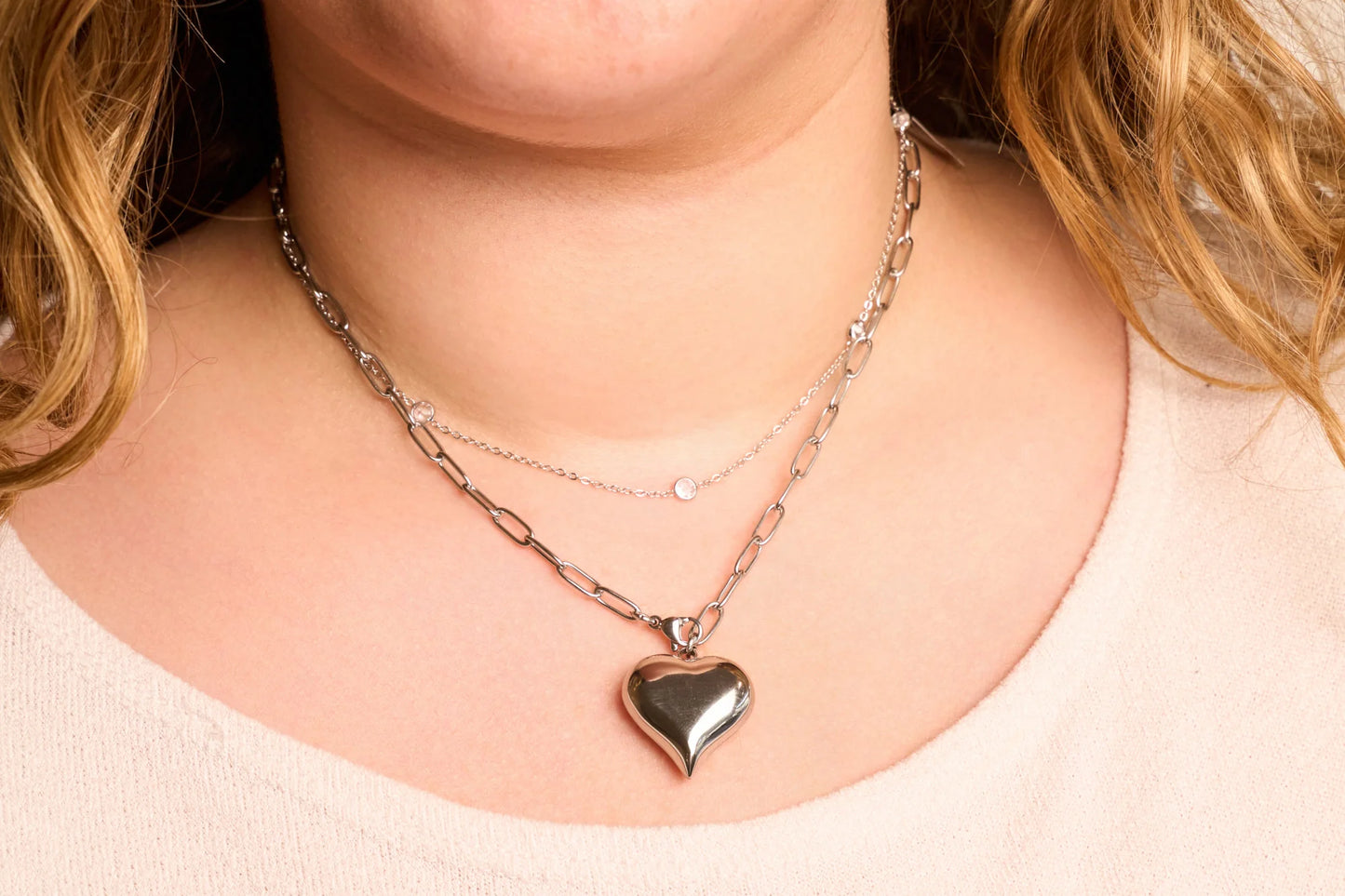 Silver Bubble Heart Paperclip Chain Necklace