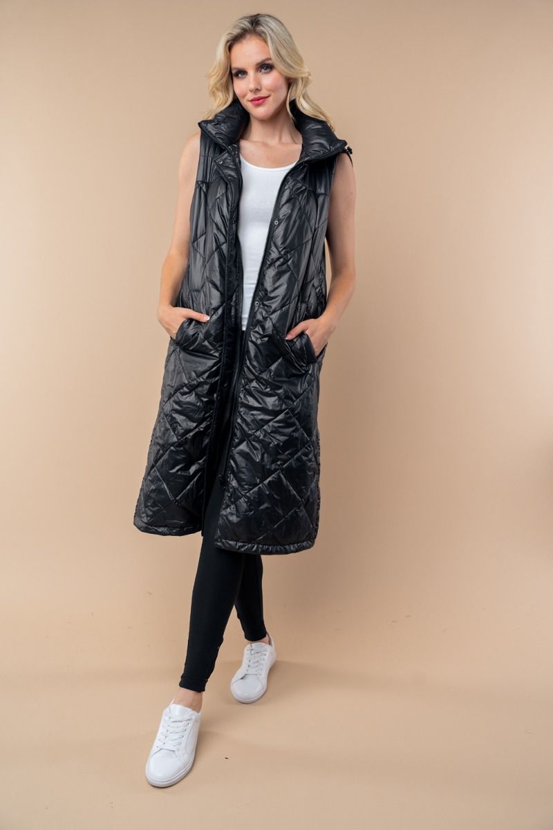 Black Hooded Long Padded Vest