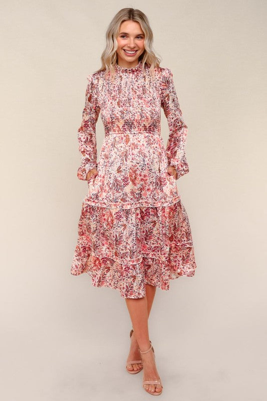 Marsala Satin Floral Smocked Midi Dress