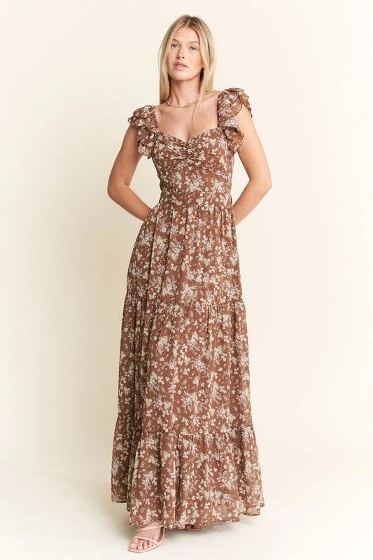 Mocha Floral Ruffle Sleeve Tiered Maxi Dress