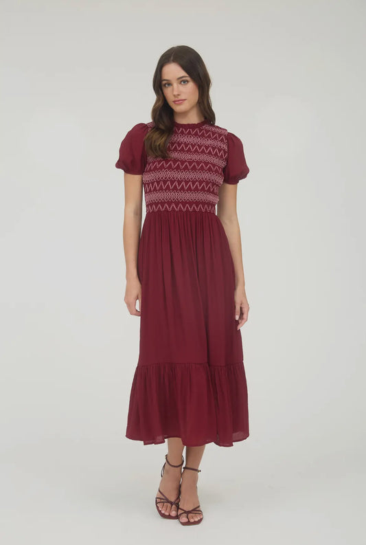Burgundy + Pink Smocked Detail Midi Dress