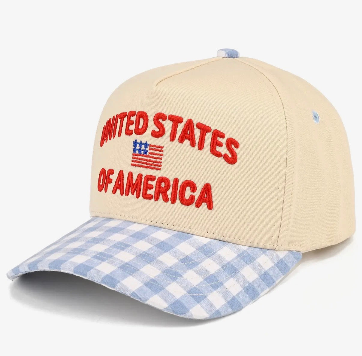 USA Flag Blue Gingham Embroidered Trucker Hat