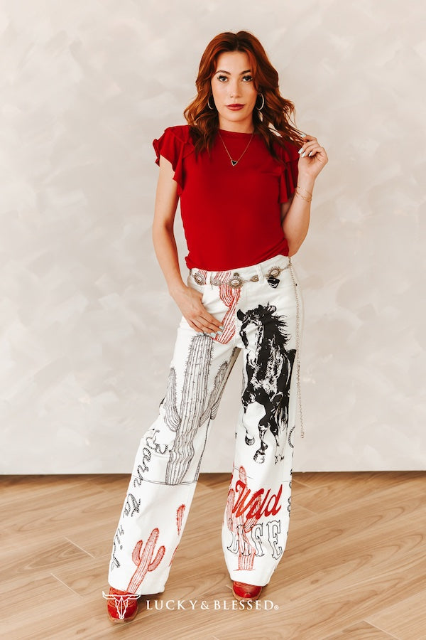 Ivory Wild & Western High Rise Wide Leg Jeans