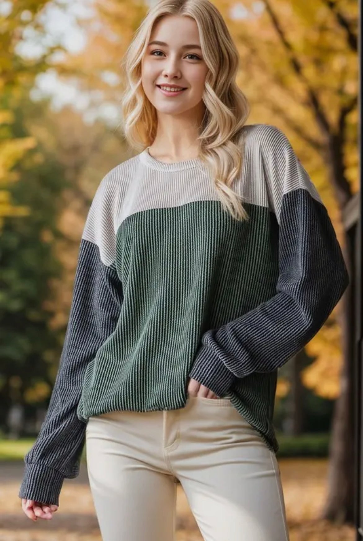 Olive Colorblock Ribbed Long Sleeve Top