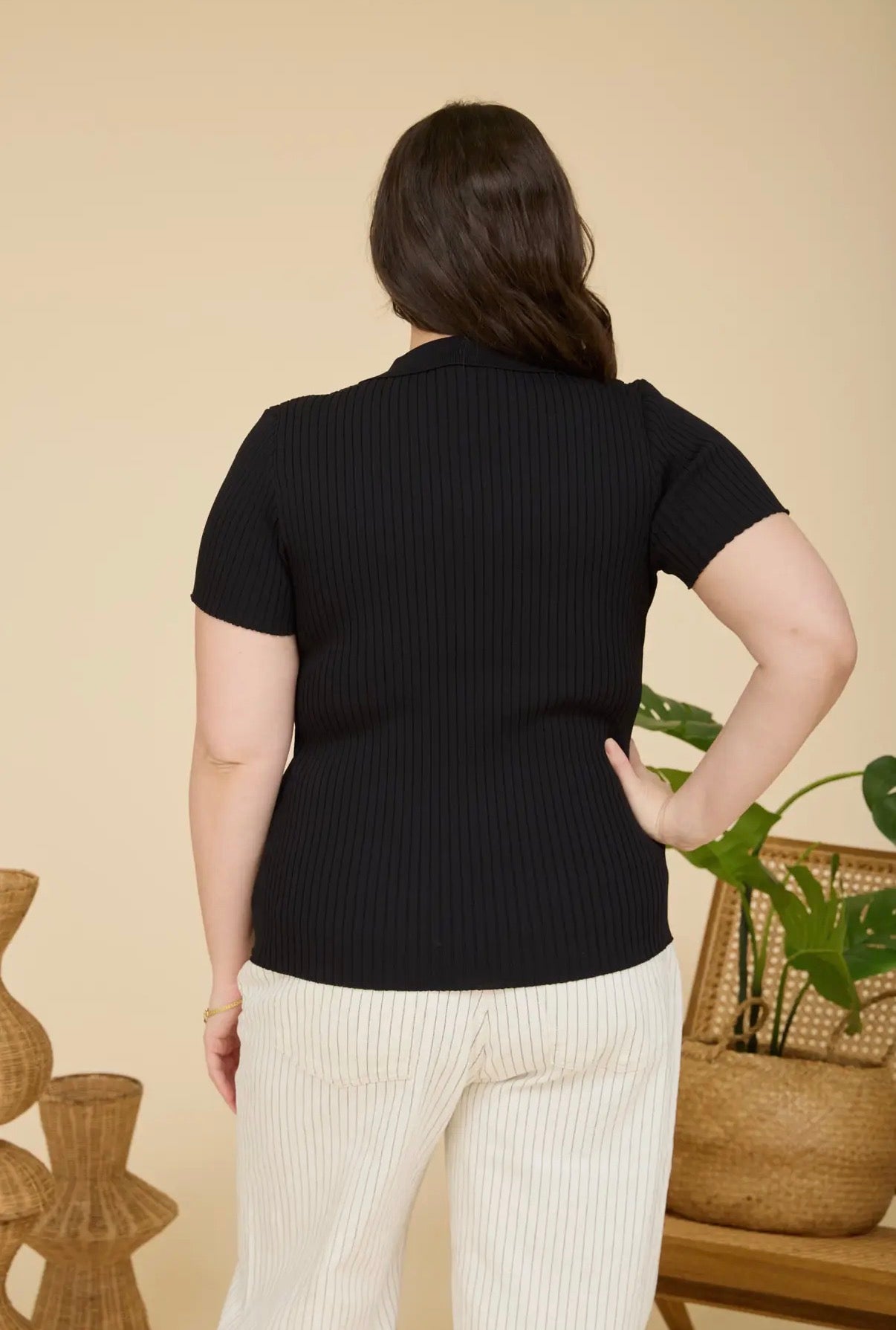 Black Ribbed Collared Short Sleeve Top