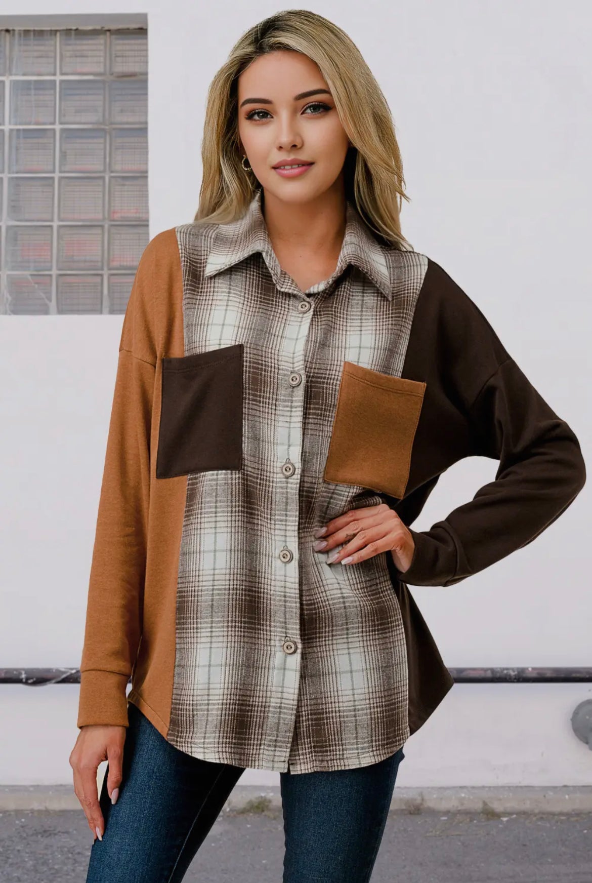 Coffee Plaid Color Block Shacket