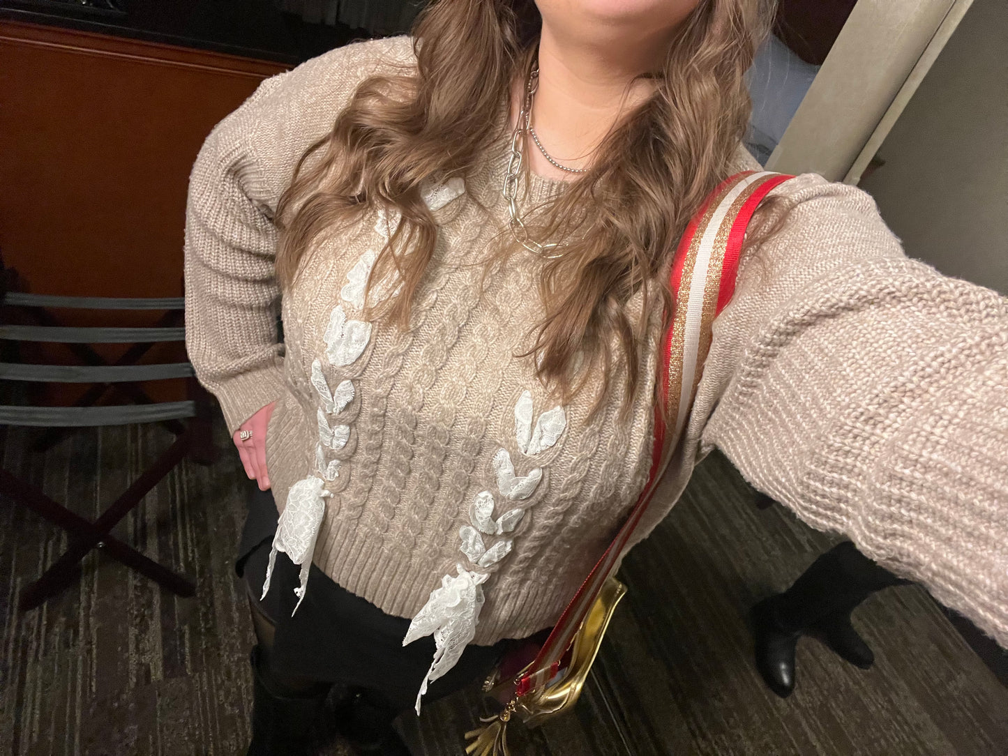 Taupe Lace Braid Bow Cable Knit Sweater