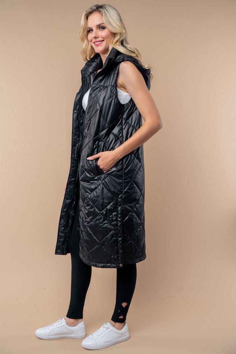 Black Hooded Long Padded Vest