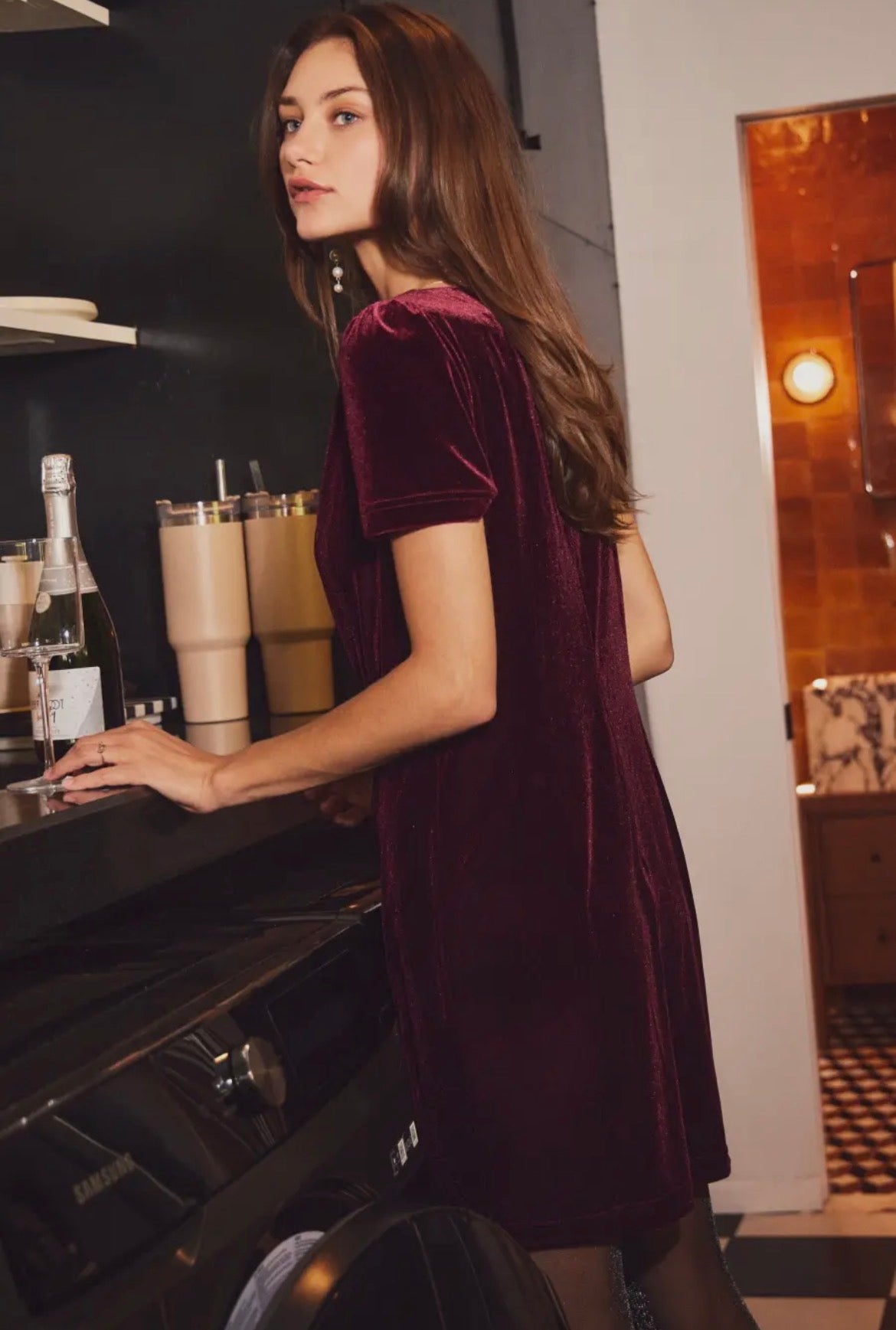 Wine Velvet Sequin Bow Dress