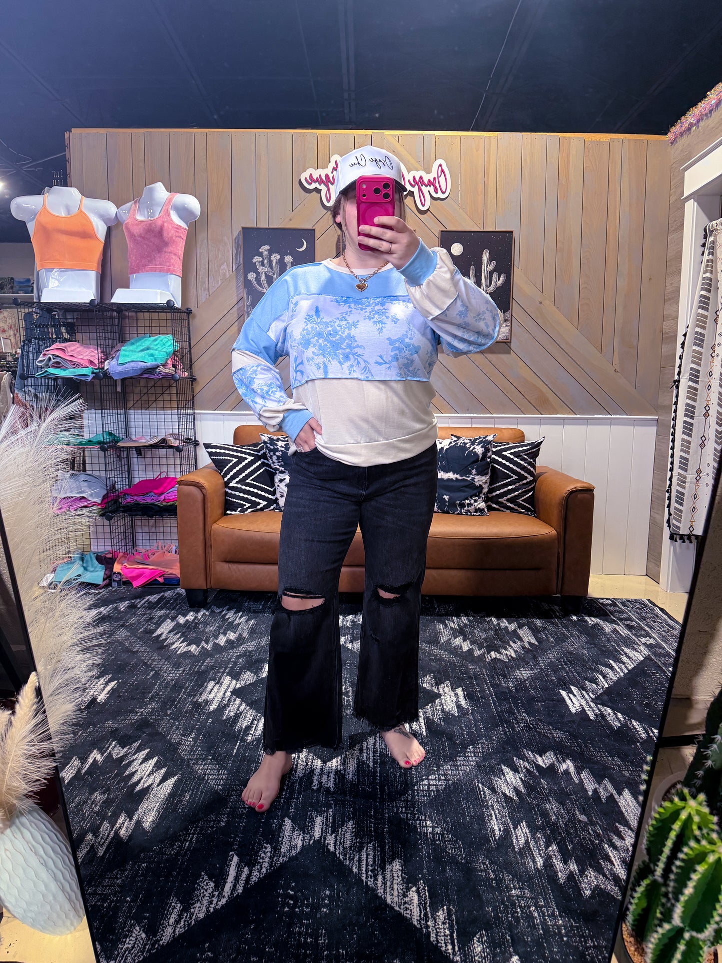 Light Blue Floral Color Block Long Sleeve Top