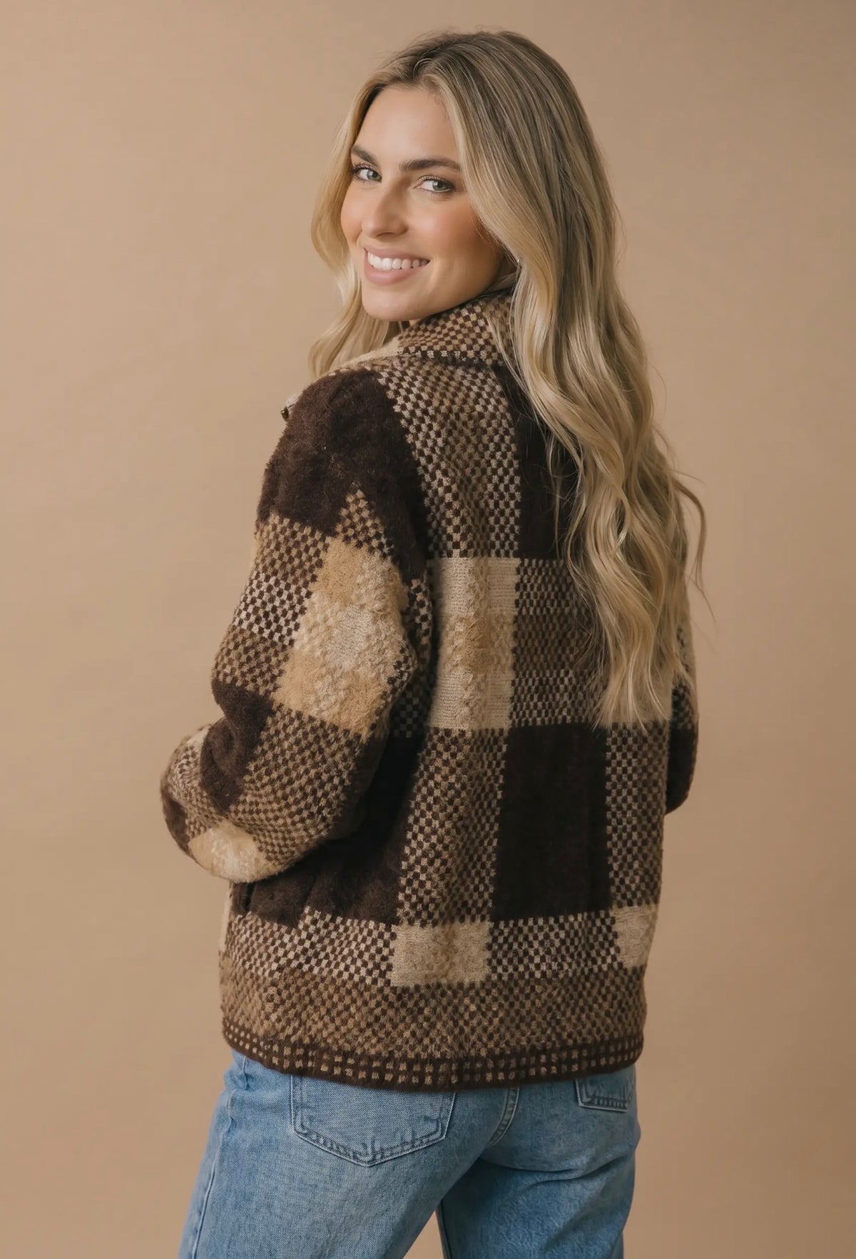 Brown Plaid Zip Front Jacket