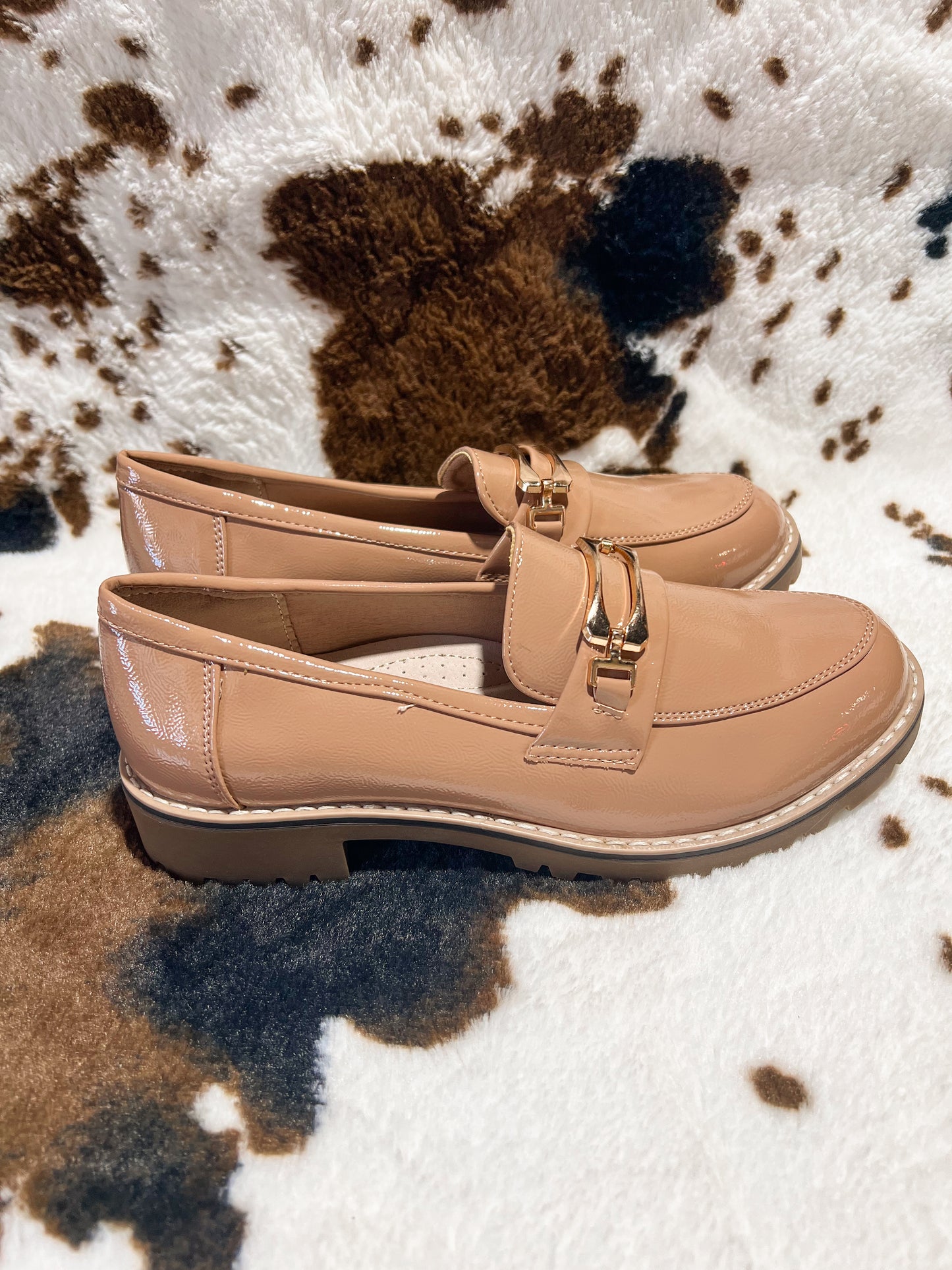 Anessa Taupe Faux Patent Leather Buckle Loafer