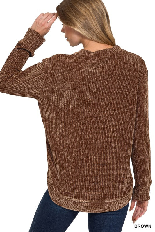 Brown Chenille Waffle Knit Sweater