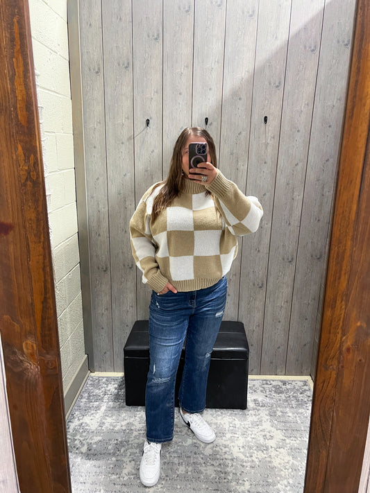 Oatmeal Checkered Mock Neck Sweater