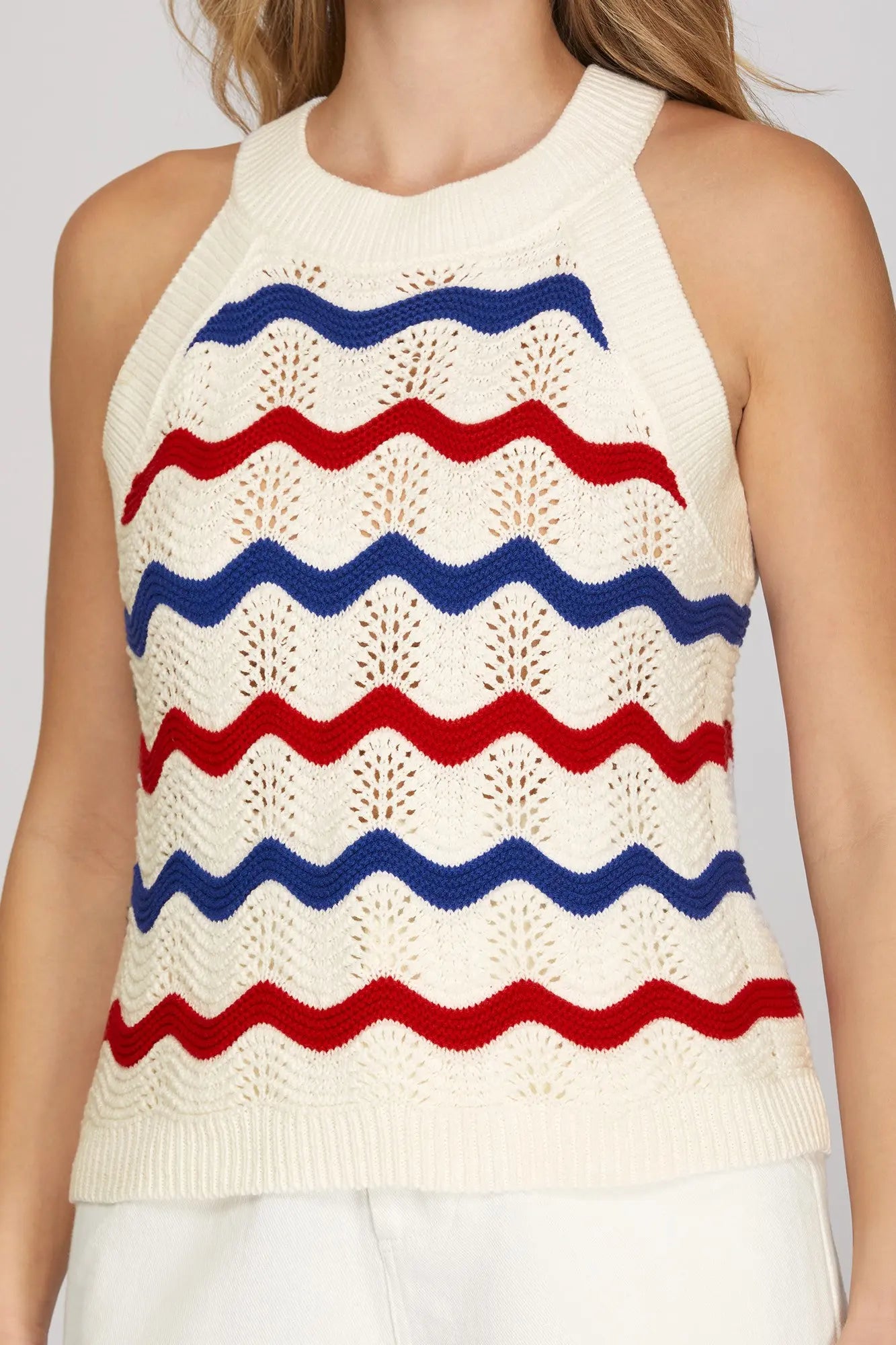 Patriotic Stripes Crochet Knit Sleeveless Top