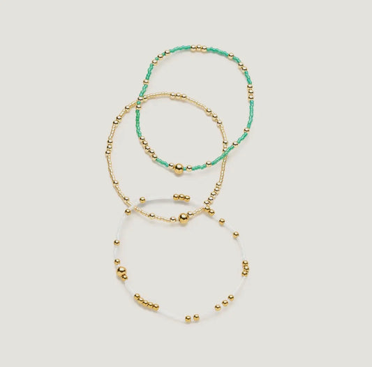 Gold + Emerald Beaded Stretch Bracelet Set