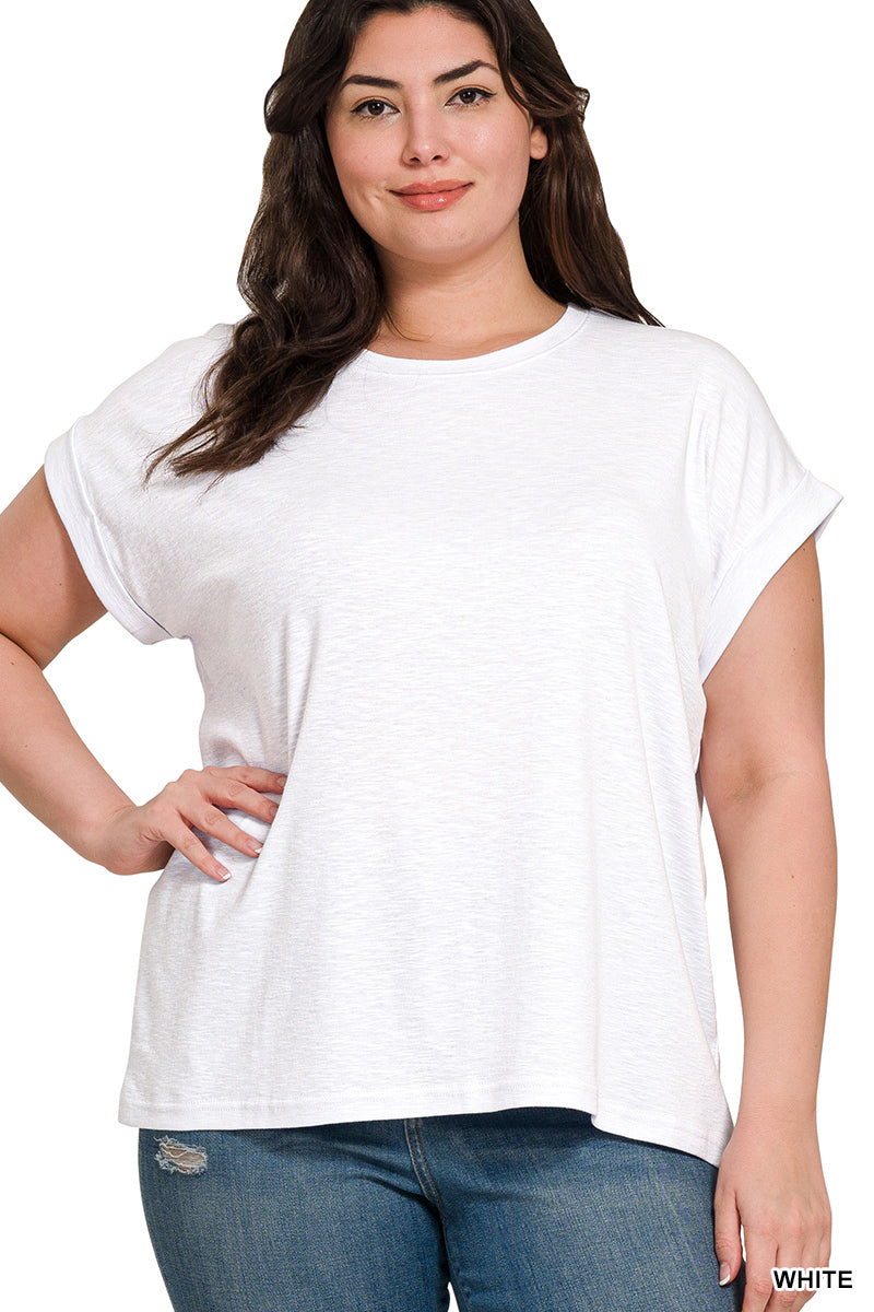 White Cotton Modal Rolled Sleeve Top