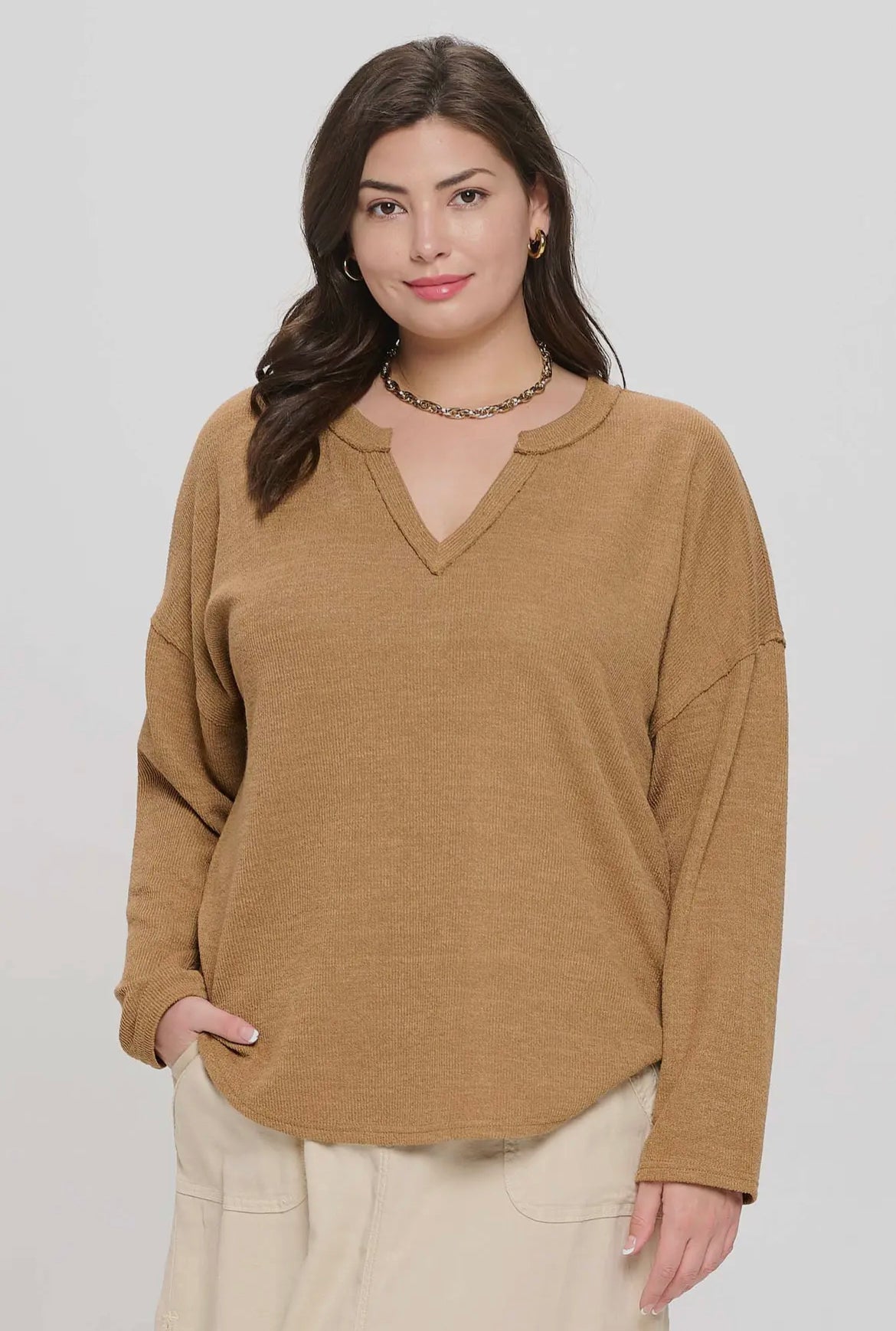 Almond Solid Notch Neck Knit Top