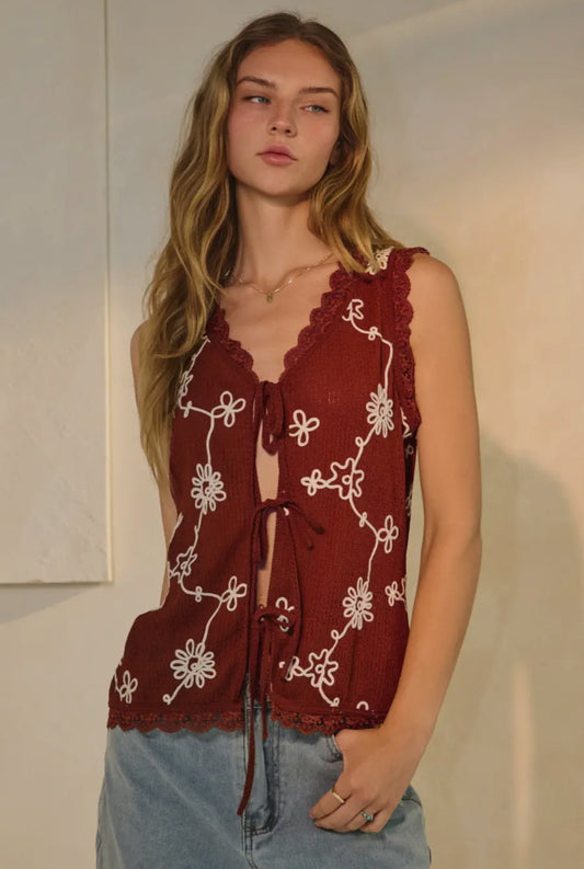 Burgundy Embroidered Tie Front Vest