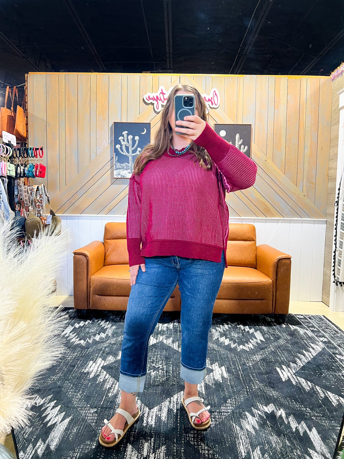Cabernet & Candy Pink Ribbed Two-Tone Sweater