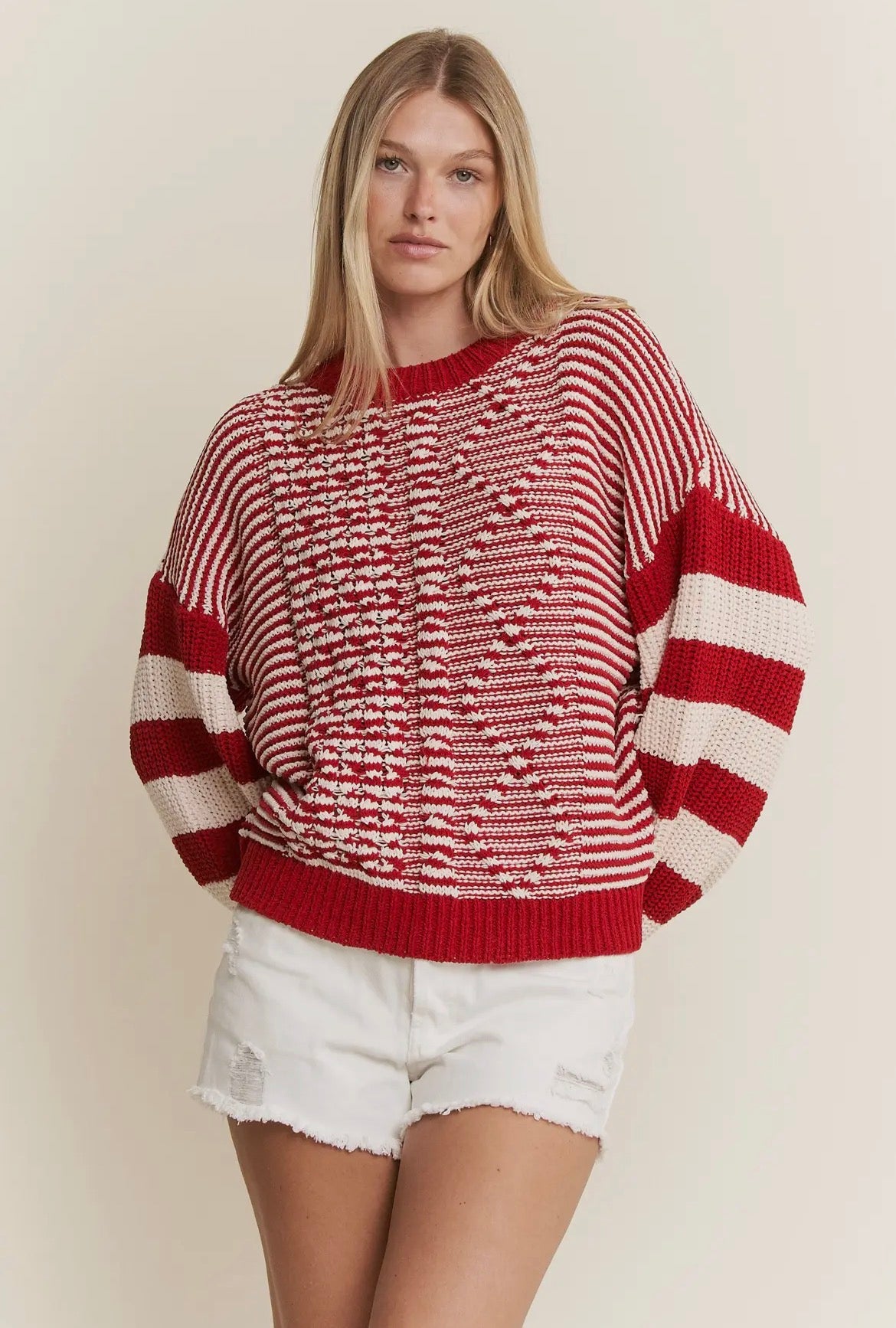 Red and White Stripe Crochet Sweater