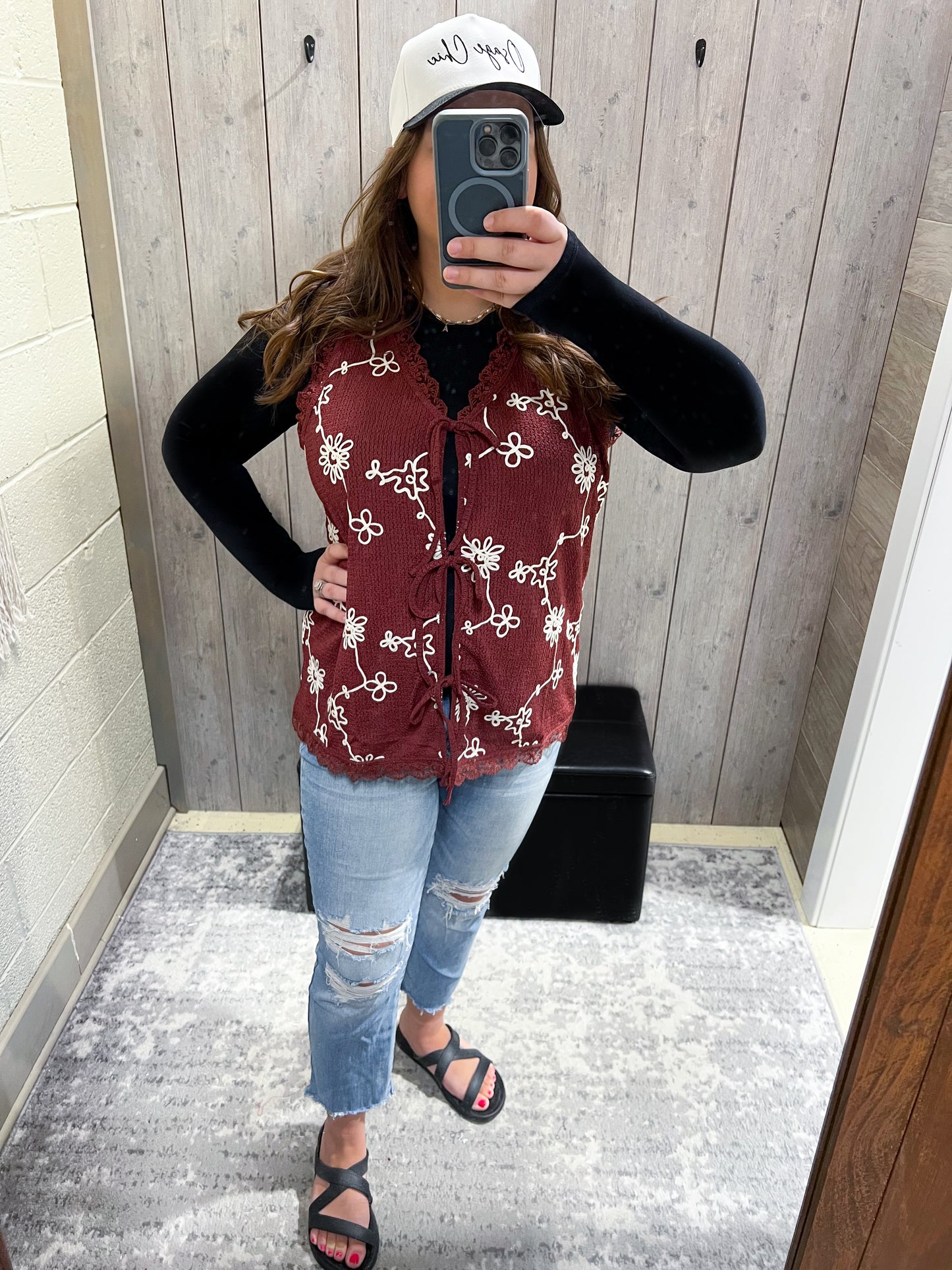 Burgundy Embroidered Tie Front Vest