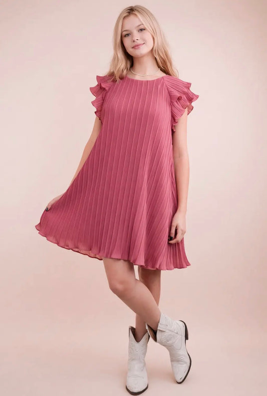 Rose Pleated Ruffle Sleeve Dress