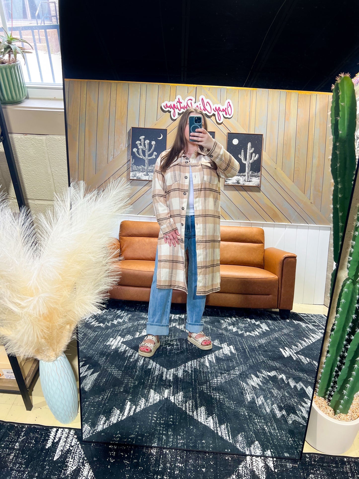 Tan Plaid Long Shacket