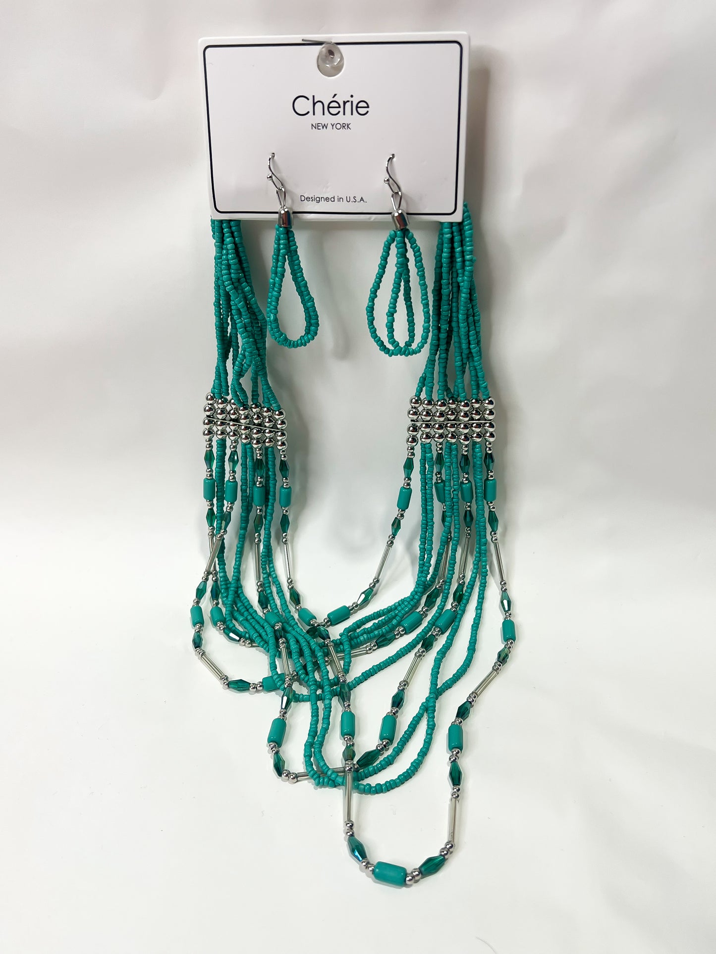 Turquoise Beaded Layered Necklace + Earrings Set