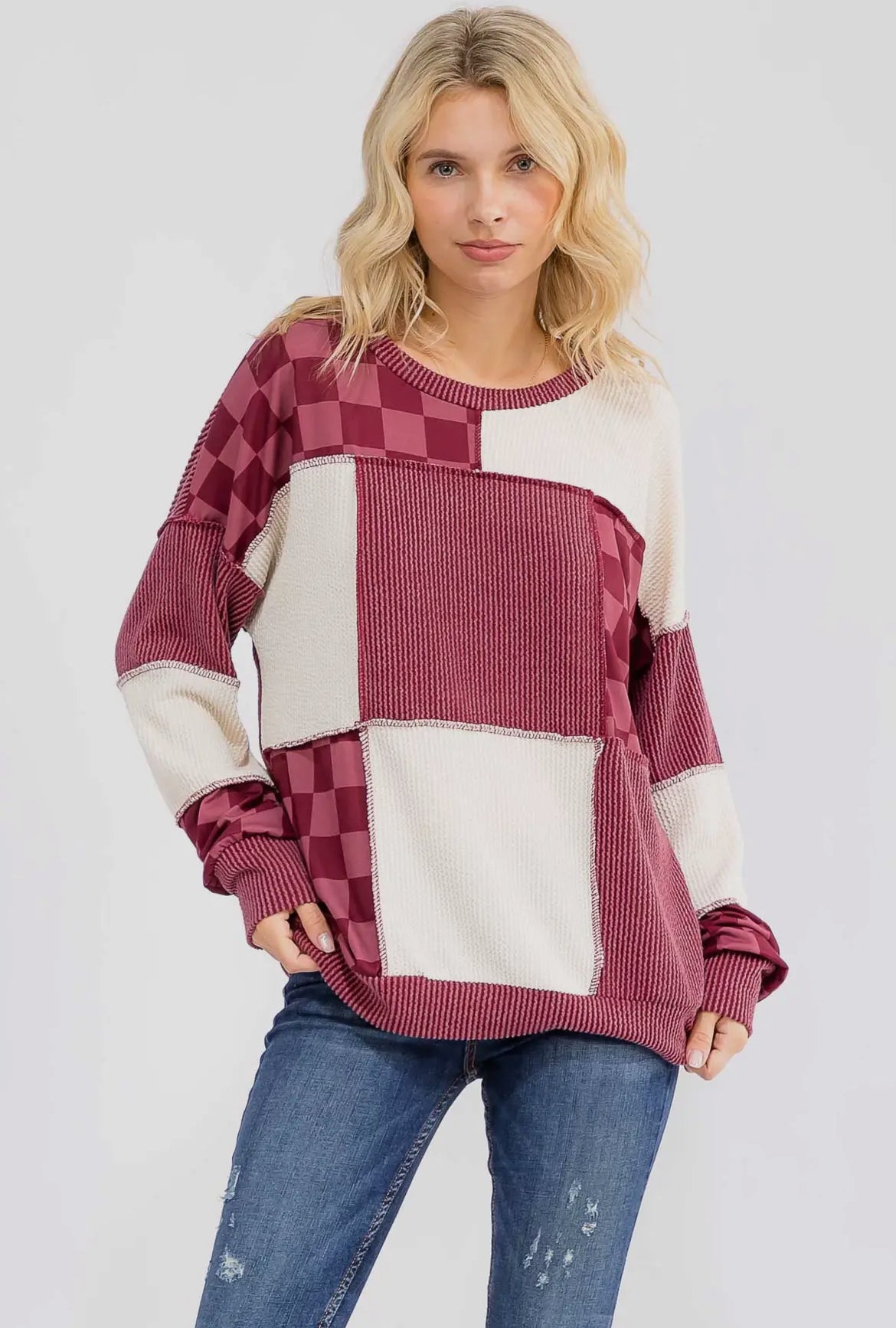 Burgundy + Checkered Ribbed Colorblock Long Sleeve Top