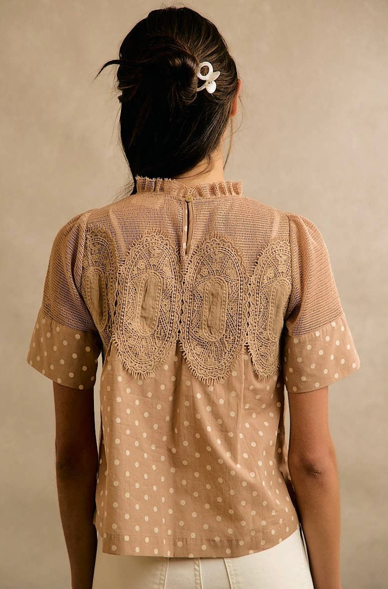 Beige Polka Dot Lace Trim Top