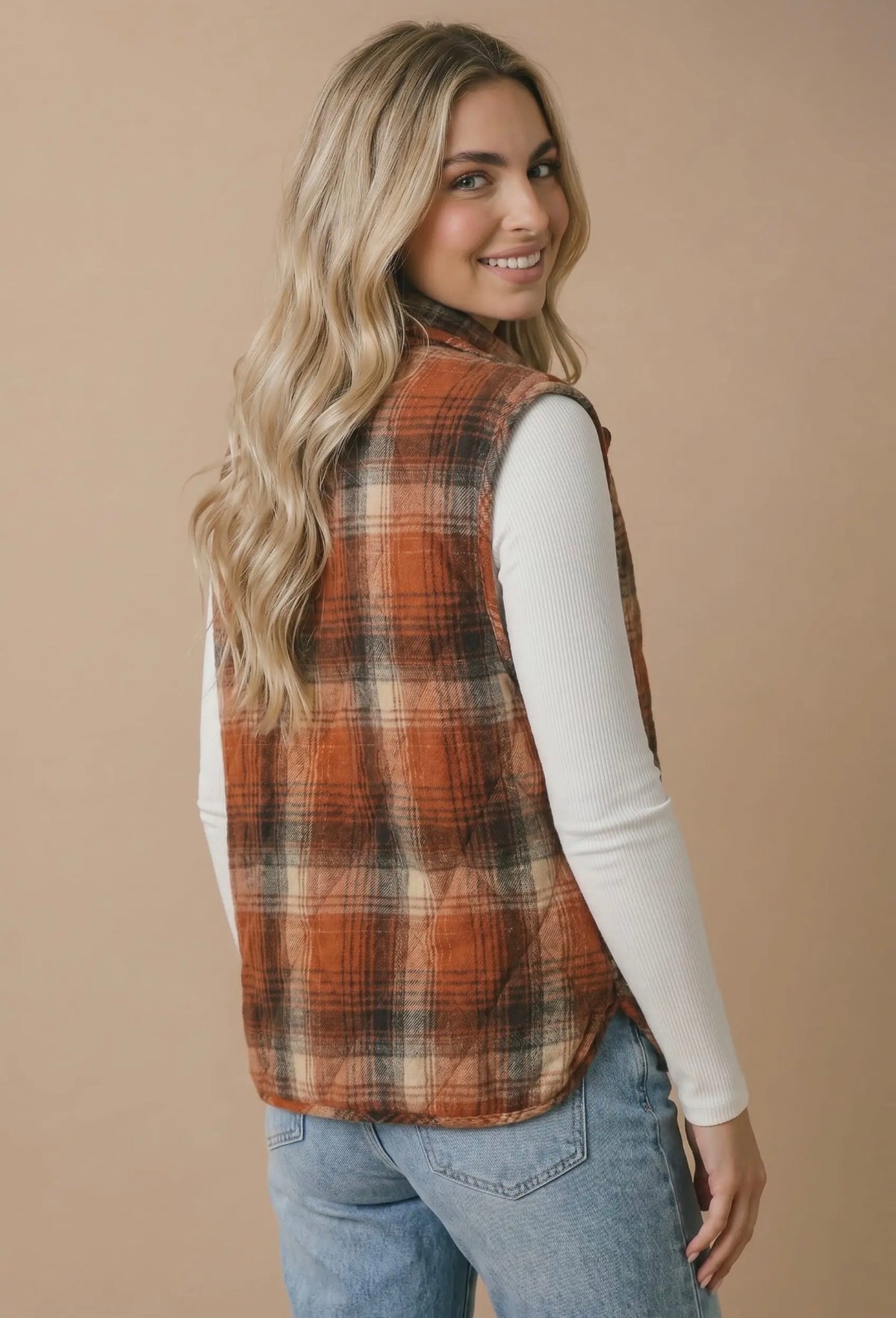 Rust Plaid Quilted Snap Button Vest
