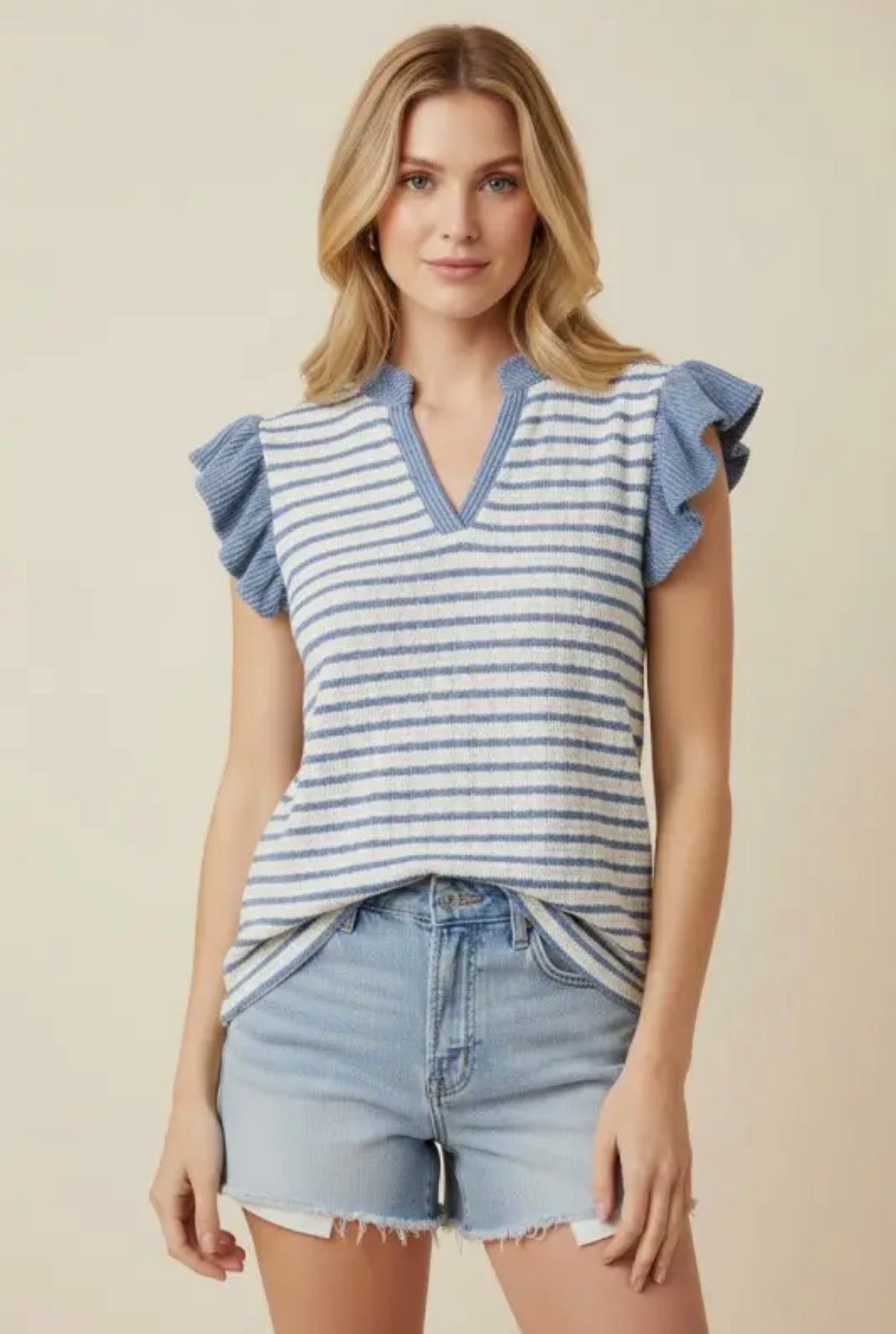 Blue Stripe Ruffle Sleeve Top