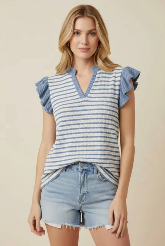 Blue Stripe Ruffle Sleeve Top