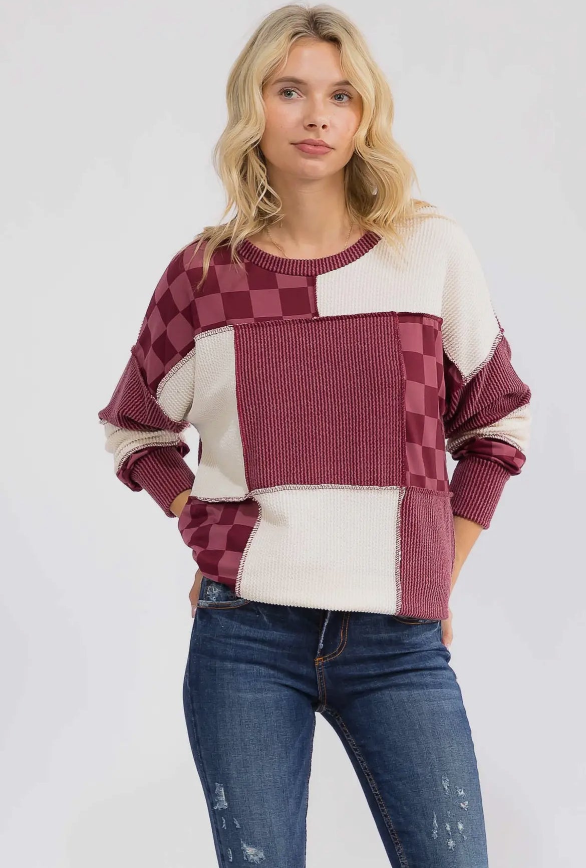 Burgundy + Checkered Ribbed Colorblock Long Sleeve Top